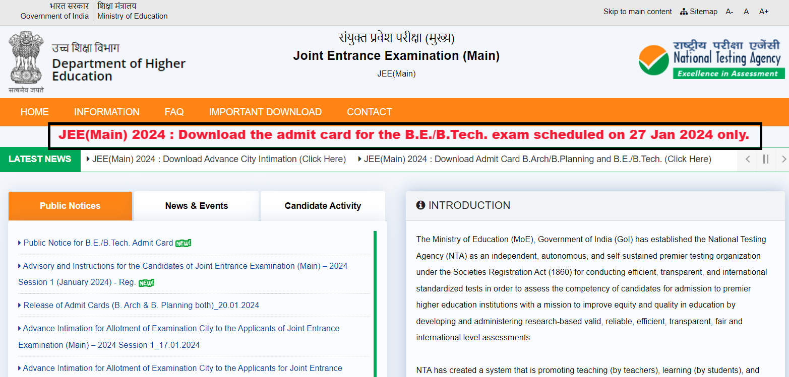 JEE Main 2024 Admit Card Session 1 (Out): JEE BTech hall ticket at ...